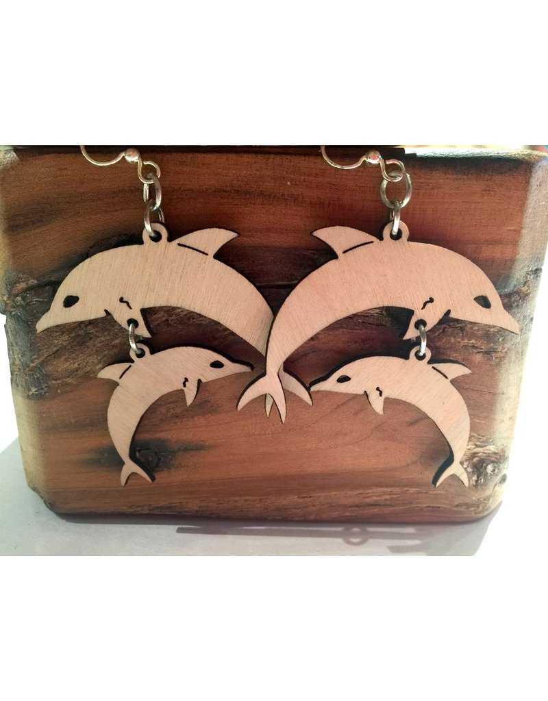 Green Tree Earrings Wood-Dolphins (Natural)