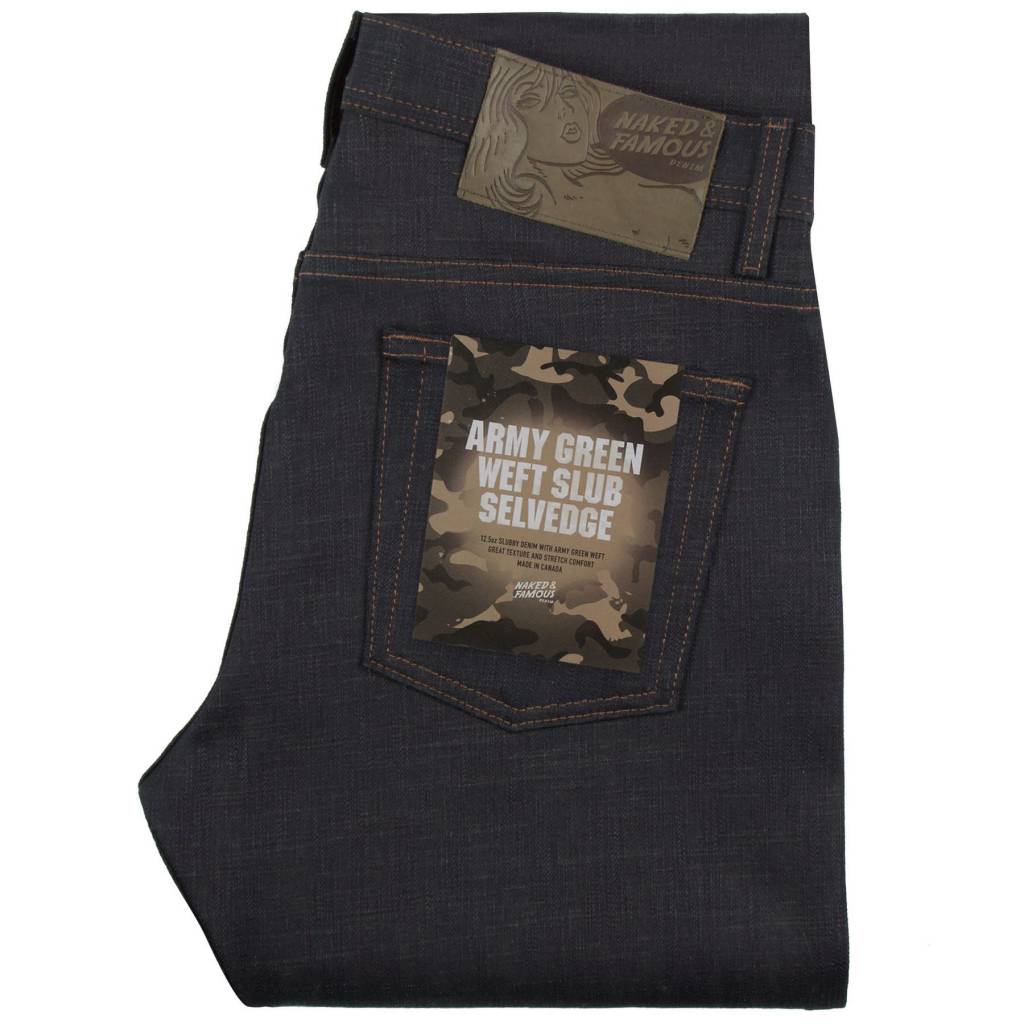 slub stretch selvedge with beige weft