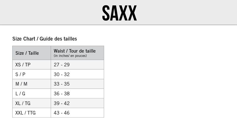 Saxx Boxer Briefs Size Chart