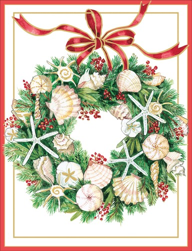 Caspari Boxed Coastal Christmas Cards 10pk Shell Wreath Embossed Cards
