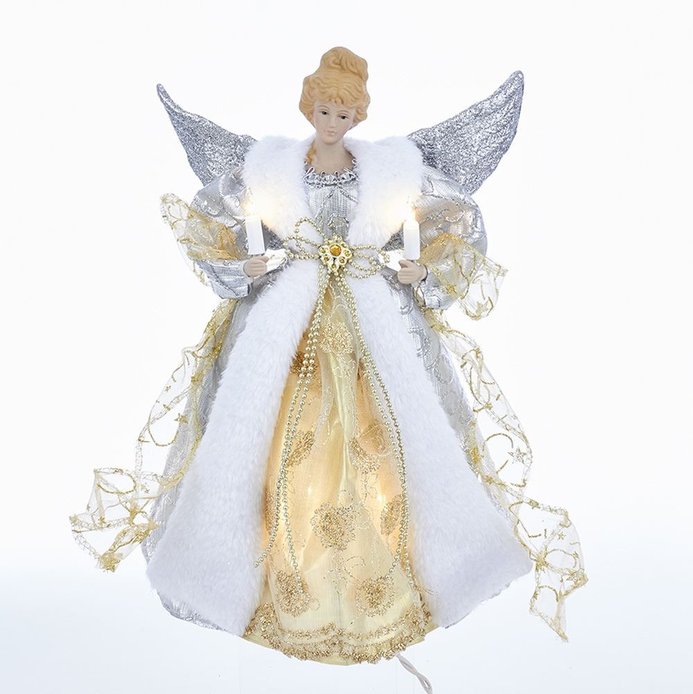 12-Inch Kurt Adler 10-Light White and Silver Angel Treetop