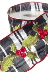 RAZ Imports Embroidered Holly Wired Ribbon 4" x 5yds