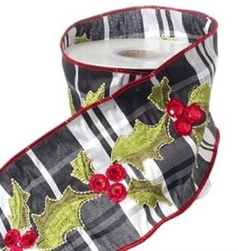 RAZ Imports Embroidered Holly Wired Ribbon 4" x 5yds