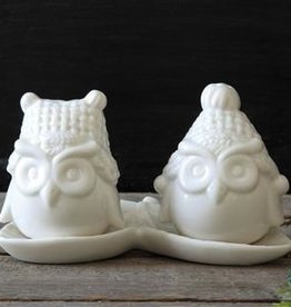 Creative Coop White Ceramic Owl Salt & Pepper Shakers w/Tray