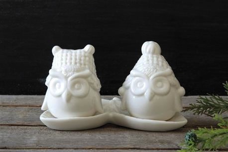 Creative Coop White Ceramic Owl Salt & Pepper Shakers w/Tray