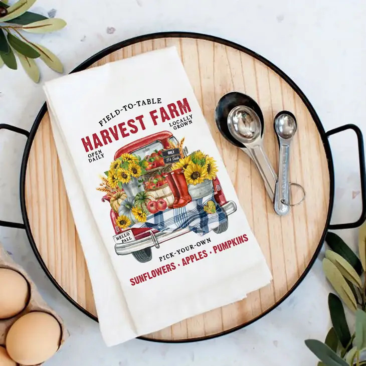 Avery Lane Gifts Autumn Fall Harvest Farms Red Truck Flour Sack Tea Towel