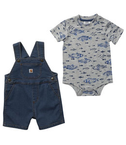 Carhartt Boy's Infant Short-Sleeve Fish Print Bodysuit & Denim Shortall Set CG8795