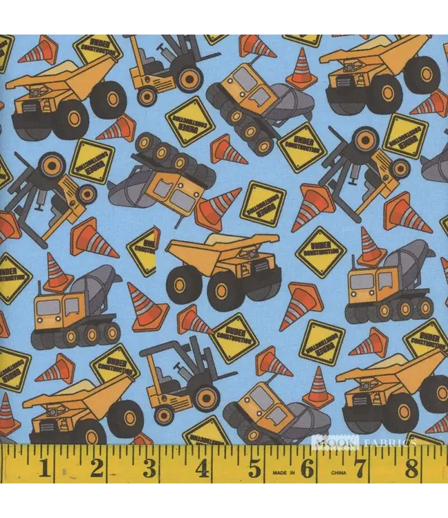 Mook Fabrics Yard of Cotton 100%, Kids Construction- Machines Blue Fabric 116278