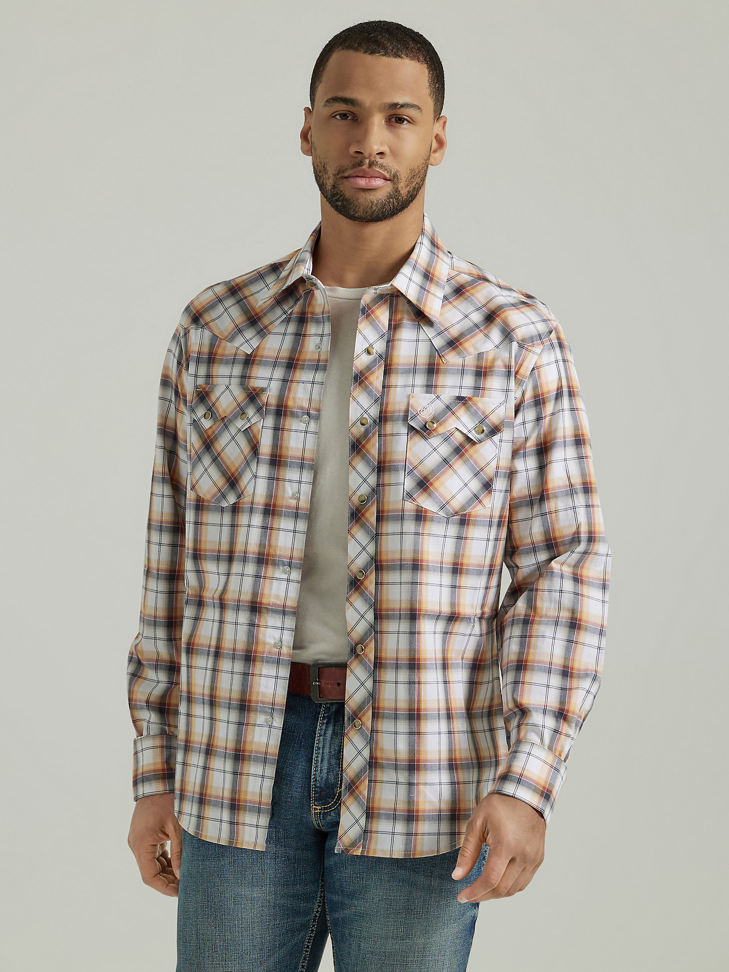 Chemise Western Wrangler Homme Taille XL, Marron Et Gris à Carreaux, Boutons Pression