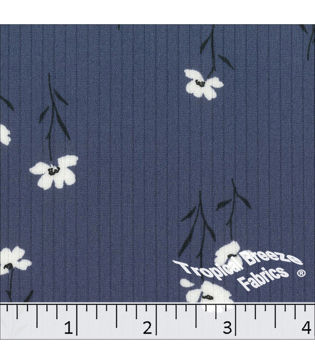 Tropical Breeze Fabrics Yard of Classic Rib Knit Floral Print-Slate Blue Fabric 32849