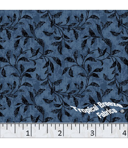 Tropical Breeze Fabrics Yard of Linen Weave Leafy Vines Print Poly Cotton- Dark Blue Fabric 6107