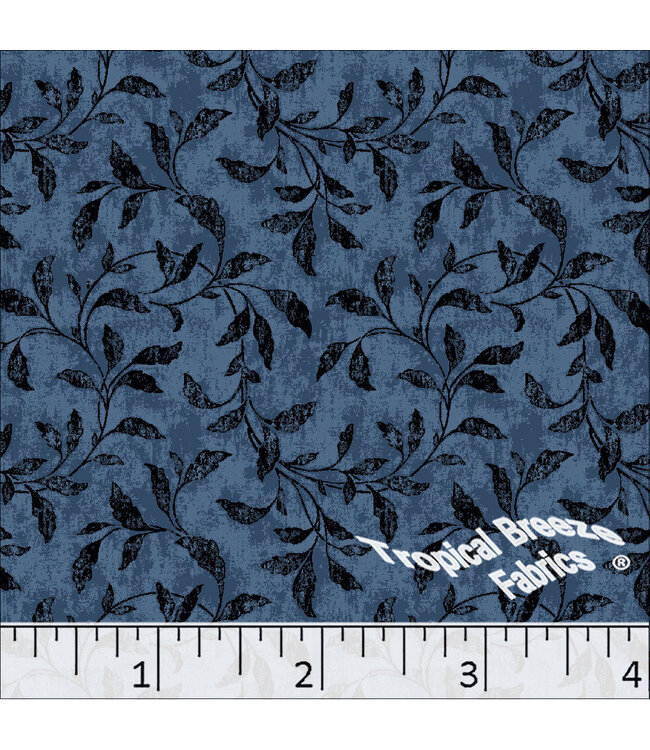Tropical Breeze Fabrics Yard of Linen Weave Leafy Vines Print Poly Cotton- Dark Blue Fabric 6107