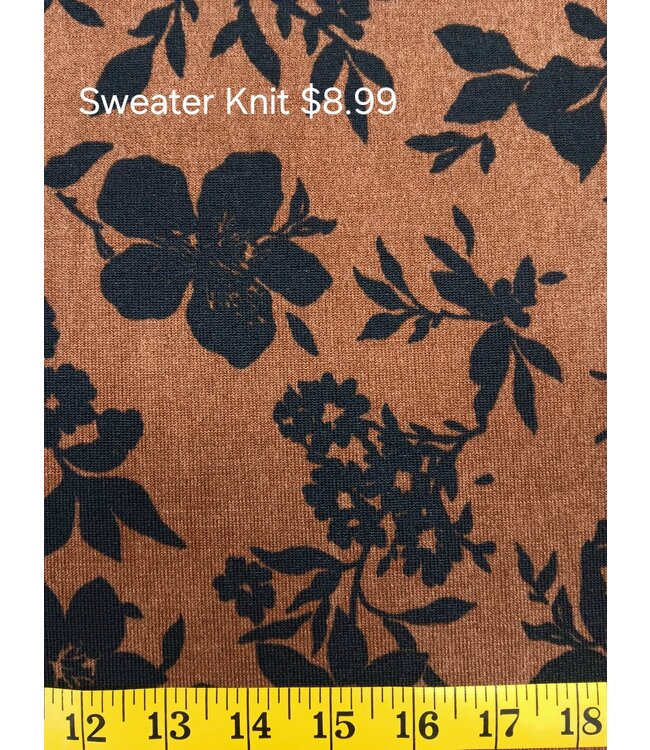 Yard of Black and Brown Floral Sweater Knit Fabric