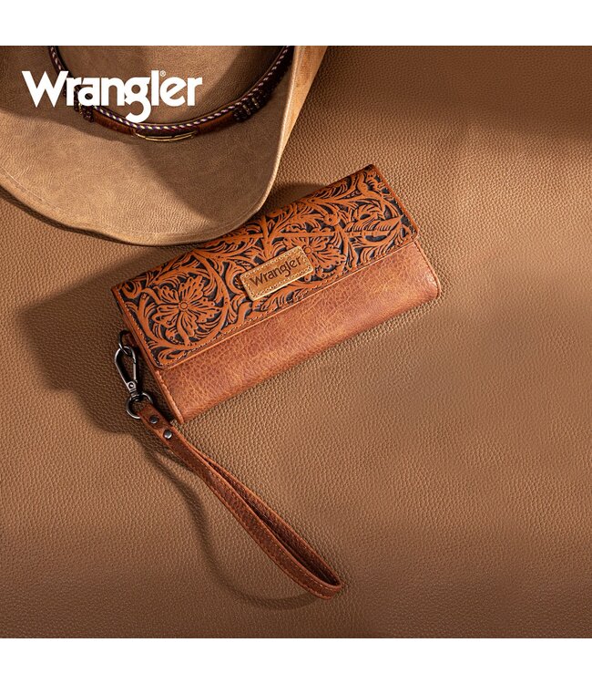 Wrangler Western Floral Tooled Tri-fold RFID Wallet/Wristlet WG196-W056