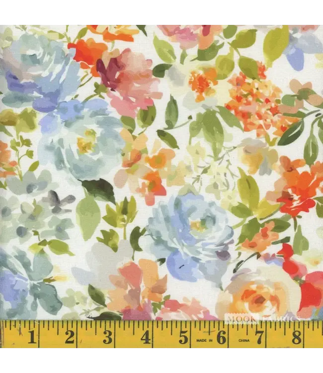 Mook Fabrics Yard of  Rayon/Linen Slub  FTI,  White/Blue Multi Fabric 139806