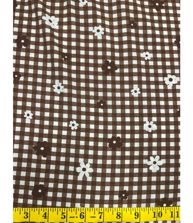 Yard of Brown Checkered Daisies Polyester Fabric