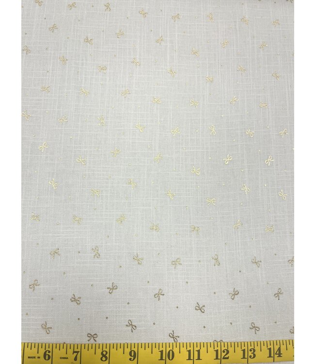Yard of Golden Bows Linen White Fabric