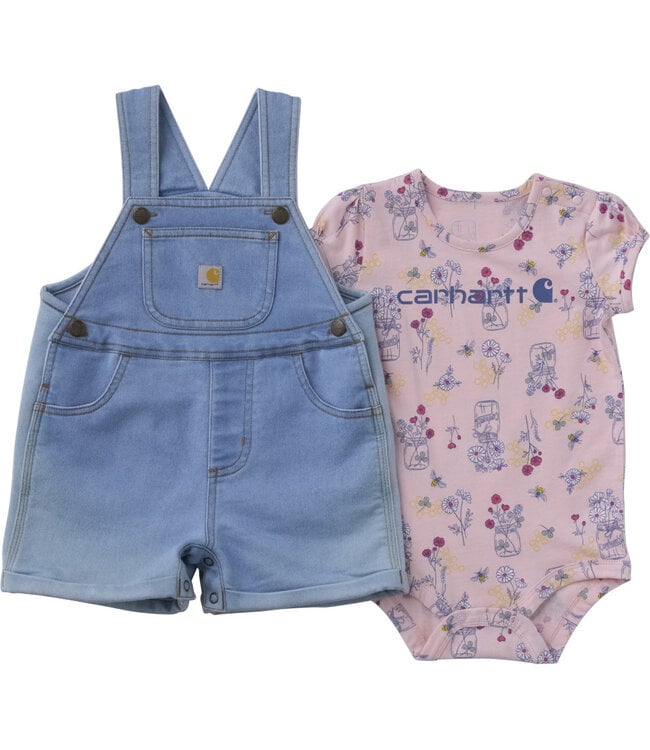 Carhartt Girl's Short-Sleeve Bee Print Bodysuit and Denim Shortall Set CG9968