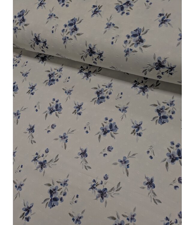 YD CA23065-72109  White w Blue Floral  Poly Swiss Dot