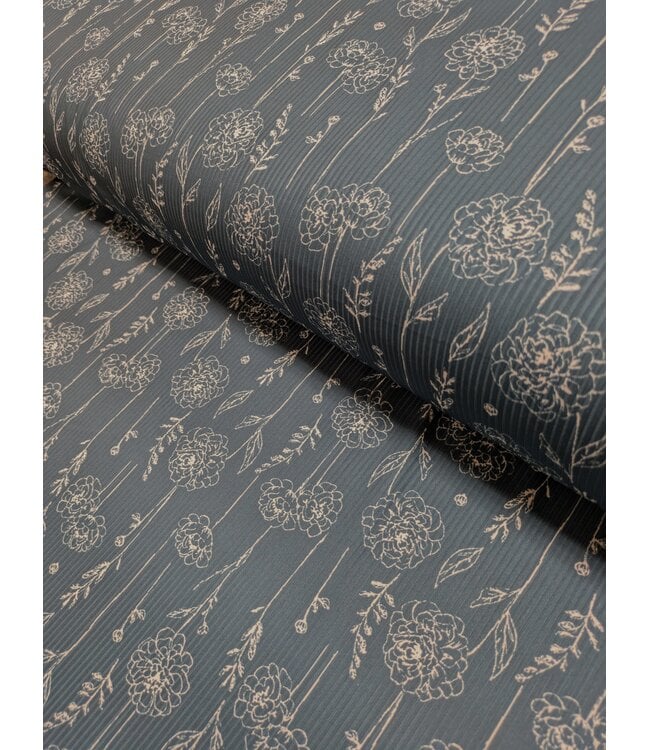 * Exclusive Design* YD FT202605162-2 Teal Floral Sketch Narrow Rib Knit