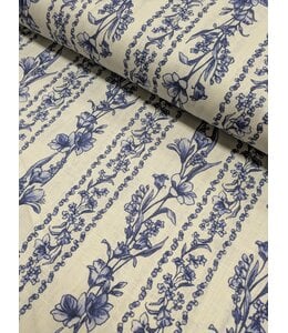 fabricmerchants YD  22-2955  70% Cotton, 30% Linen Print Indigo Floral Stripe