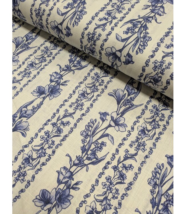 fabricmerchants YD  22-2955  70% Cotton, 30% Linen Print Indigo Floral Stripe