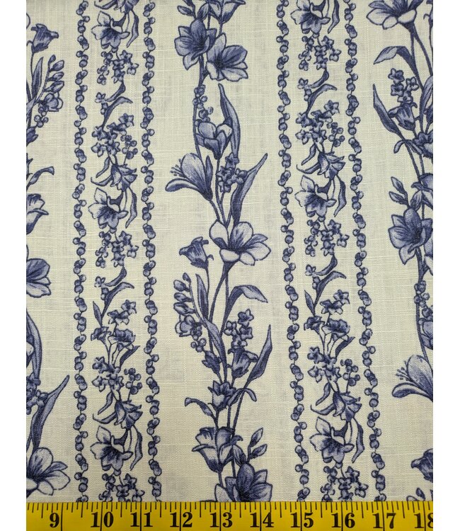 fabricmerchants YD  22-2955  70% Cotton, 30% Linen Print Indigo Floral Stripe