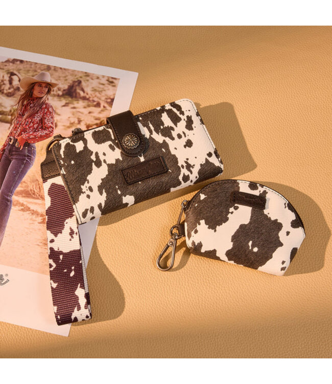 Wrangler WG-WL-444-129 Wrangler Cow Print Wallet & Coin Pouch Wristlet Set