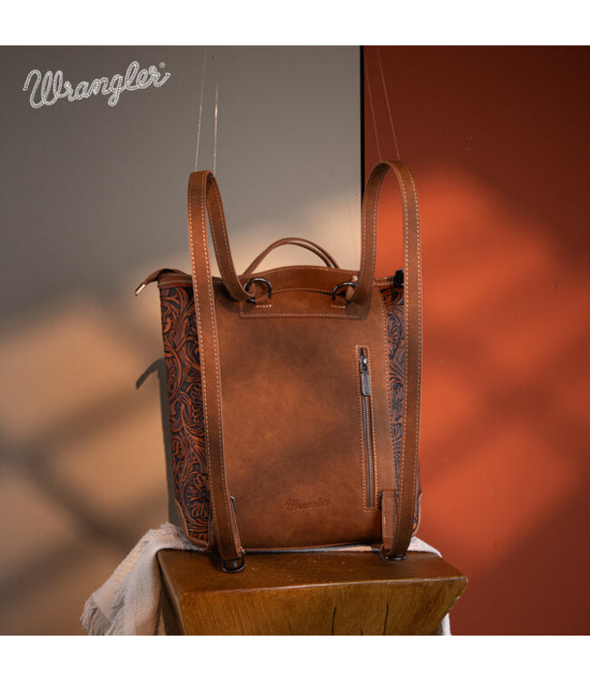Wrangler Genuine Hair-On Cowhide Floral Tooled Convertible Backpack/Crossbody WG169-9112