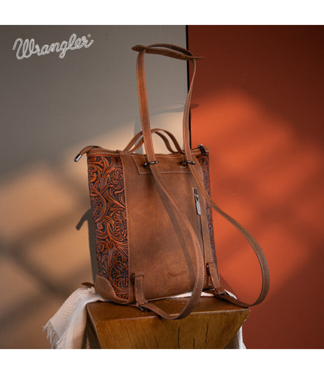 Wrangler Genuine Hair-On Cowhide Floral Tooled Convertible Backpack/Crossbody WG169-9112