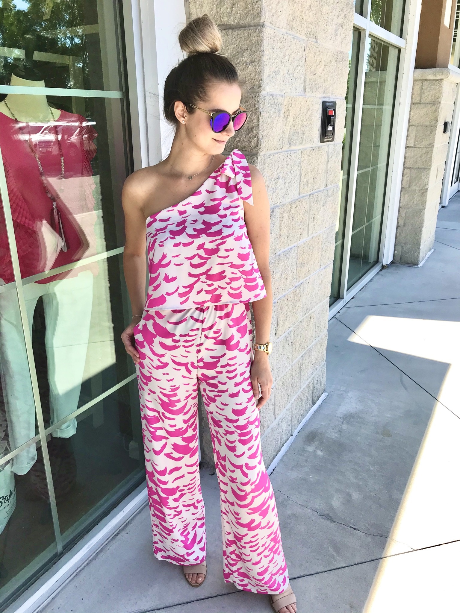 one shoulder jumpsuit pink