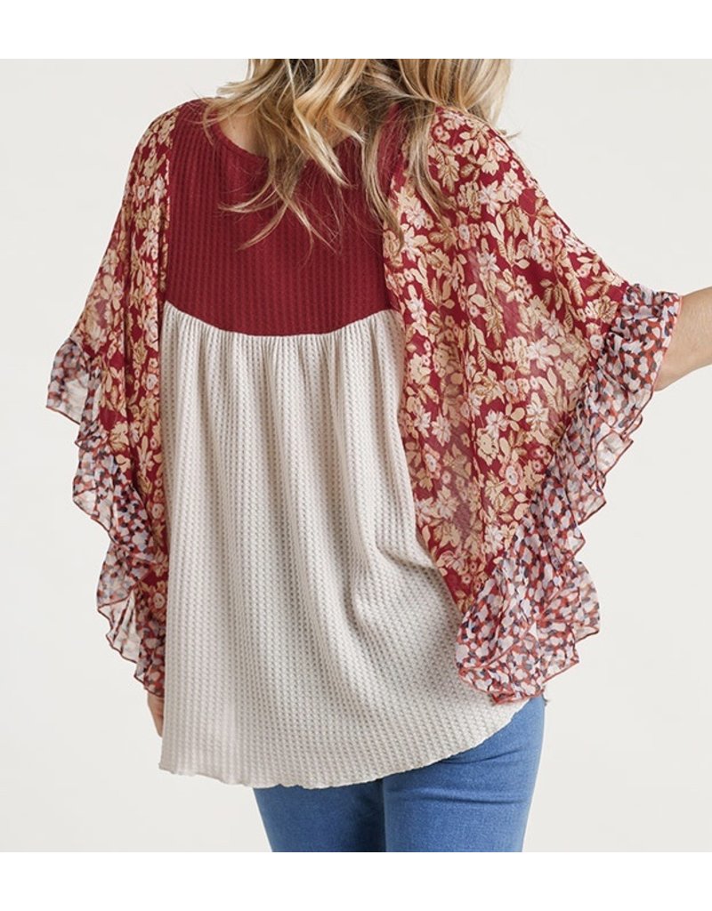 Floral Batwing Waffle Top - Natural