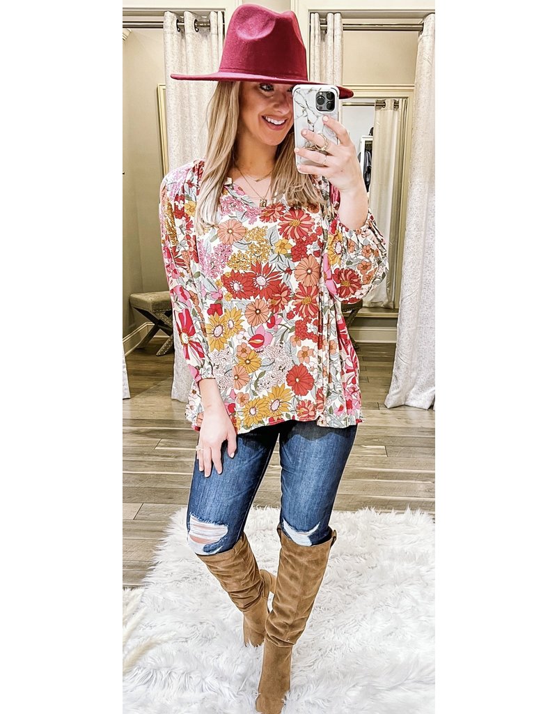 Bubble Sleeves Floral Top - Natural