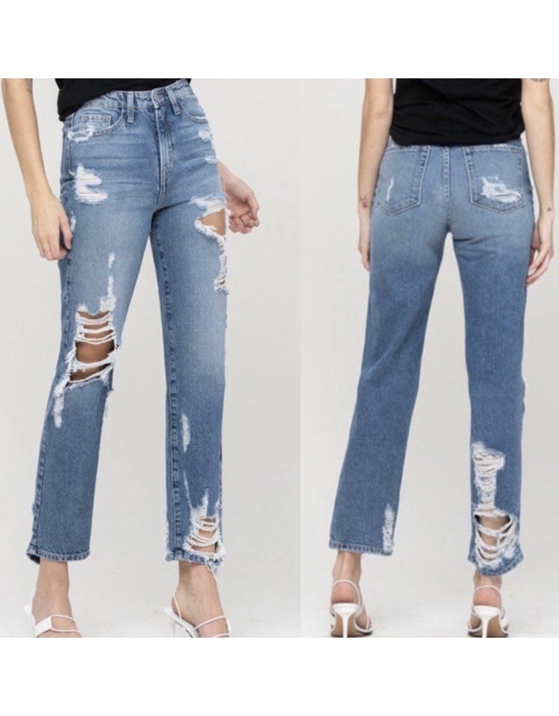 Skies Are Blue  High Rise Distressed Straight Jeans