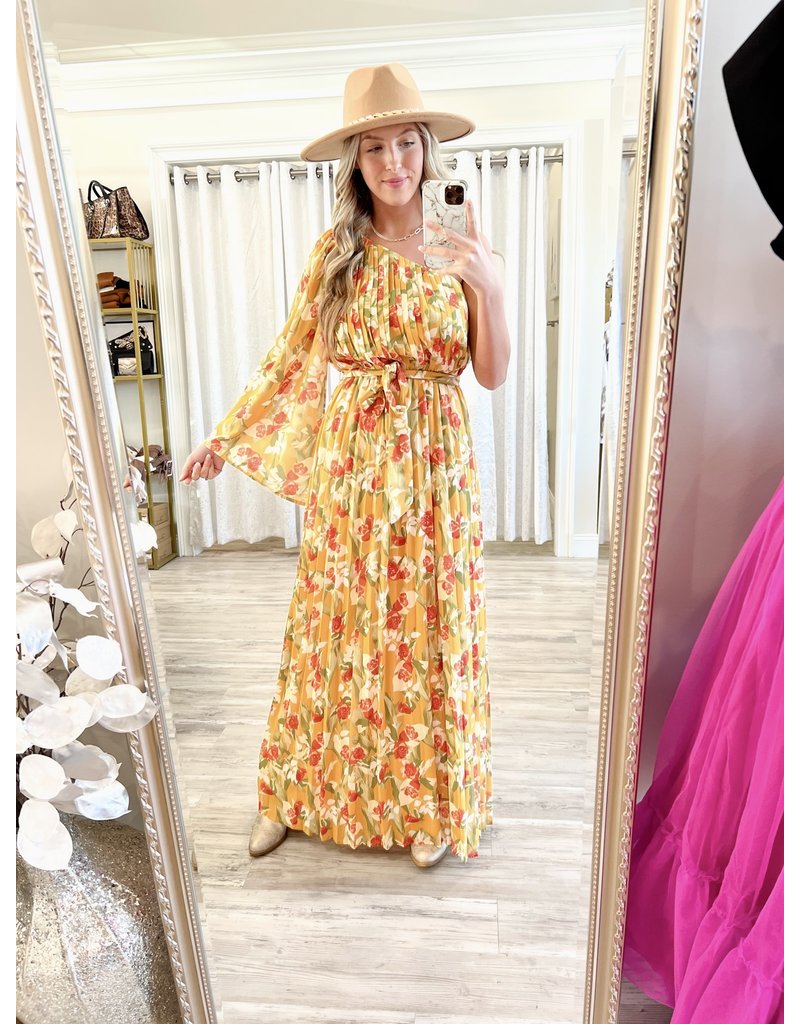 One Shoulder Pleated Floral Maxi Dress - Mustard