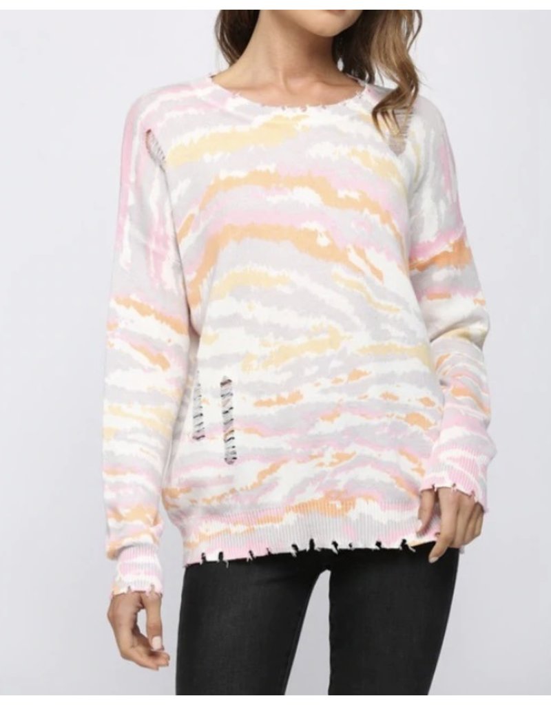 Animal Print Distressed Sweater - Pink Orange