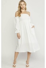 Smocking Detail  Off Shoulders Midi Dress - Off White