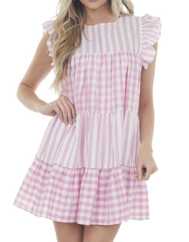 Striped/Gingham Ruffle Dress - Pink