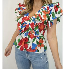 Pleated Ruffle Detail Peplum Floral Top
