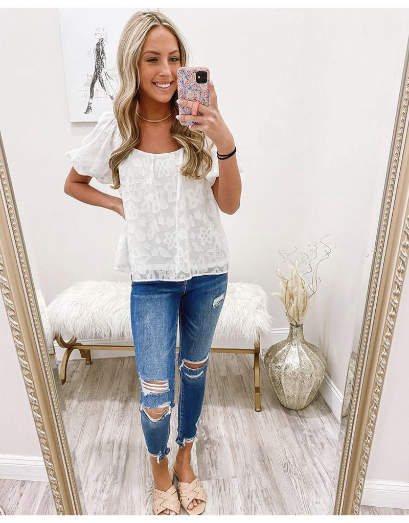 Puff Sleeves Floral Textured Top - White