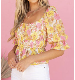 Puff Sleeves Floral Top - Yellow/Pink