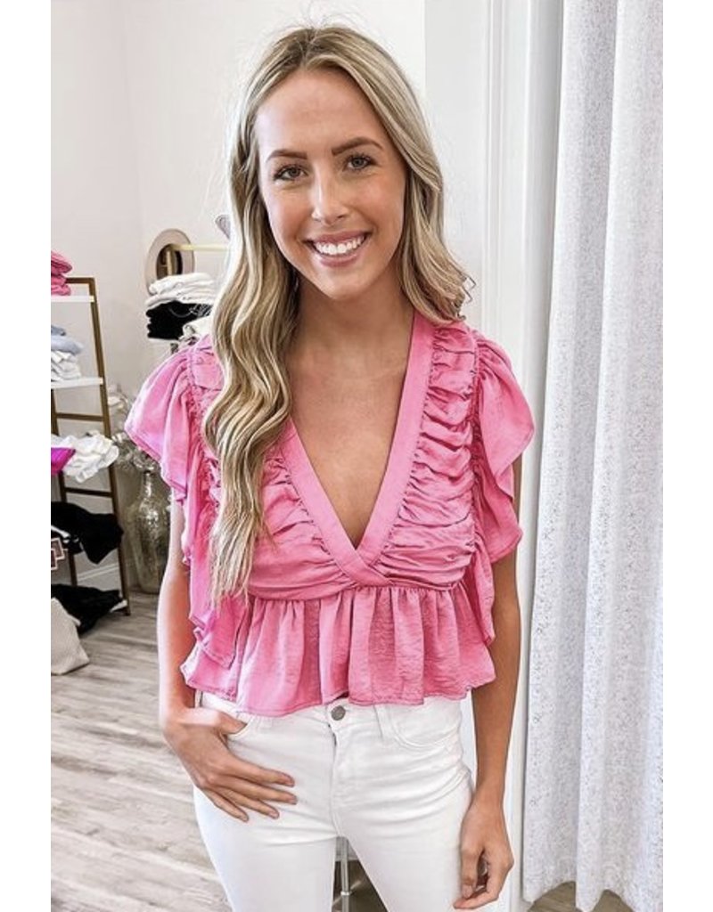 Pleated Detail Ruffle Top - Pink