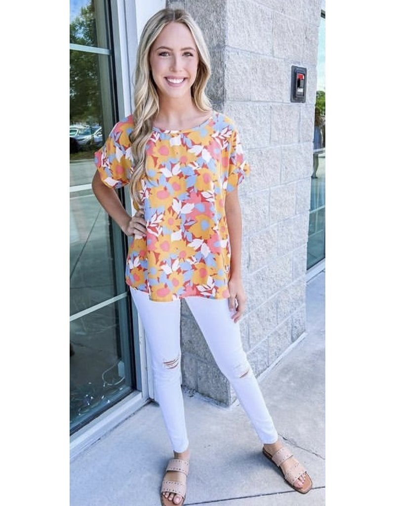 Rolled Sleeves Floral Top - Mustard