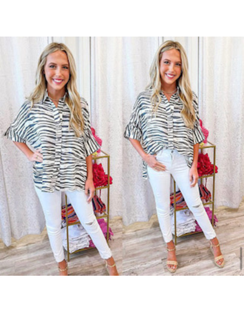 Oversized Zebra Button Down  Shirt - Charcoal