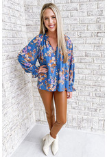 Floral Button Dowb Blouse Top - Blue