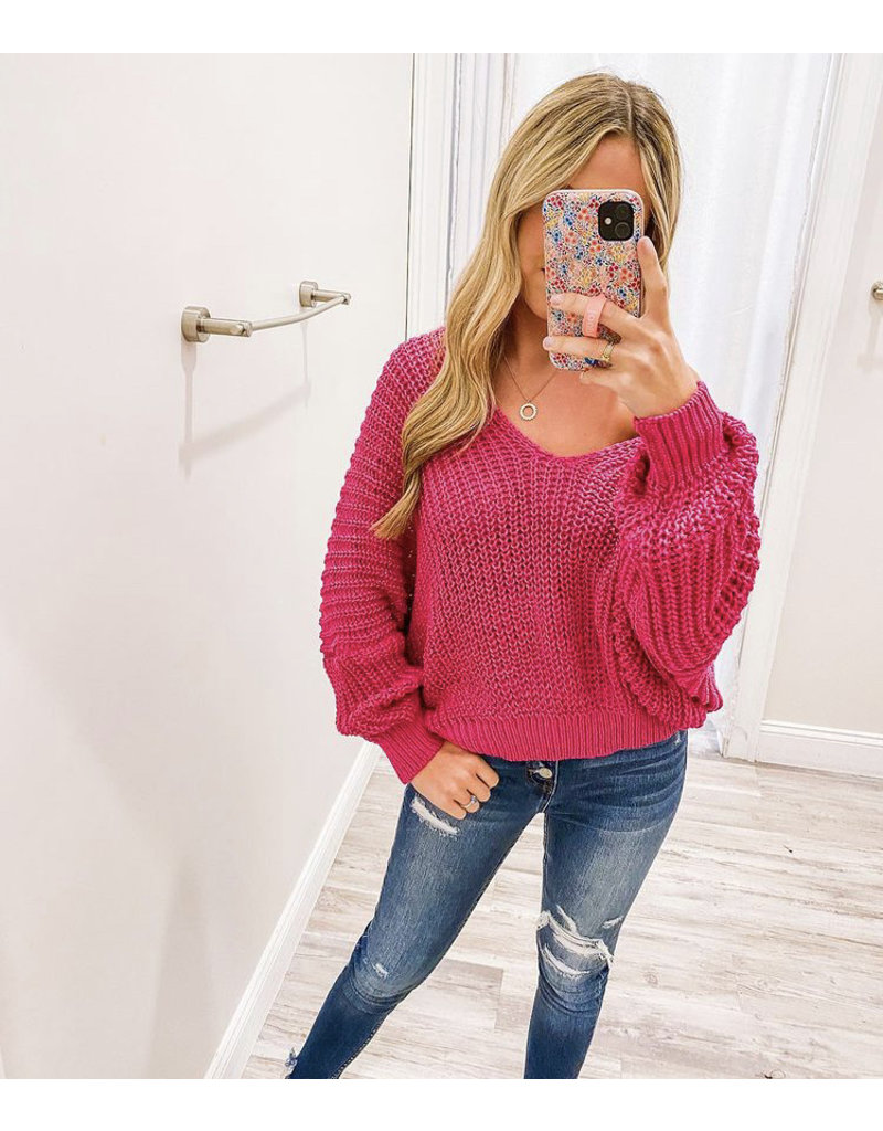 Oversized V Neck Sweater - Magenta