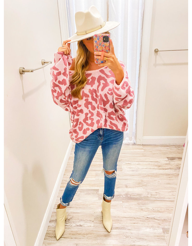 V Neck Lightweight Leopard Sweater - Pink/Mauve