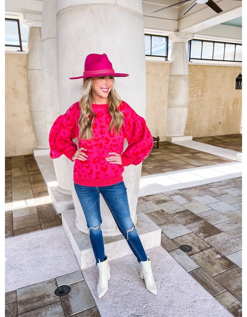 Puff Sleeves Leopard Sweater - Hot Pink/Red