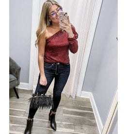 One Shoulder Sequin Top - Wine