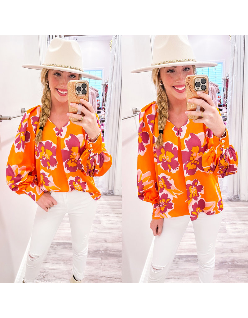 Floral V Neck Top - Orange